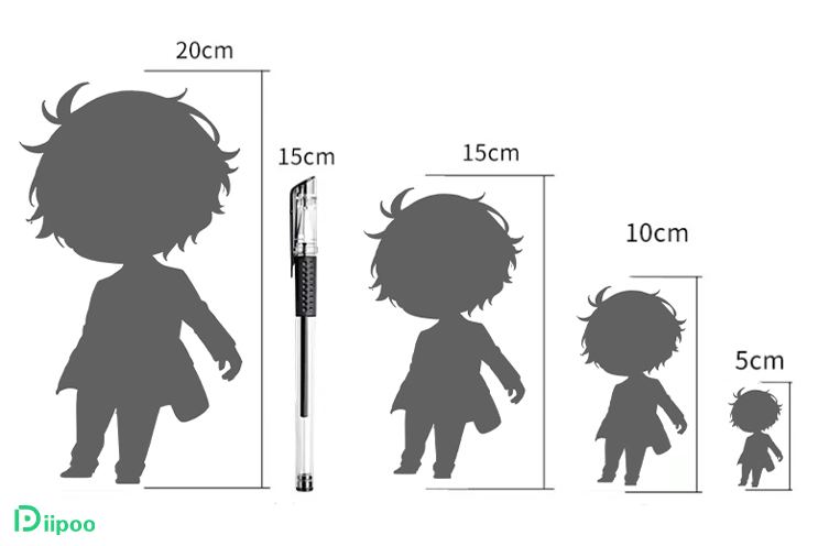 Przewodnik wizualny przedstawiający zakres dostępnych rozmiarów stojaków akrylowych Diipoo, obejmujący przykłady o wymiarach 10 cm, 15 cm i 20 cm.