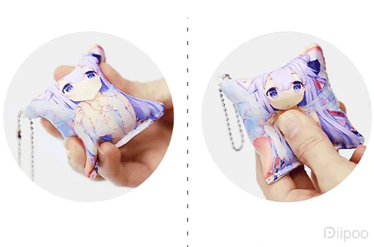 Diagram showing Diipoo custom pillow keychain sizes: 6x6cm, 4x12cm, 5x16cm
